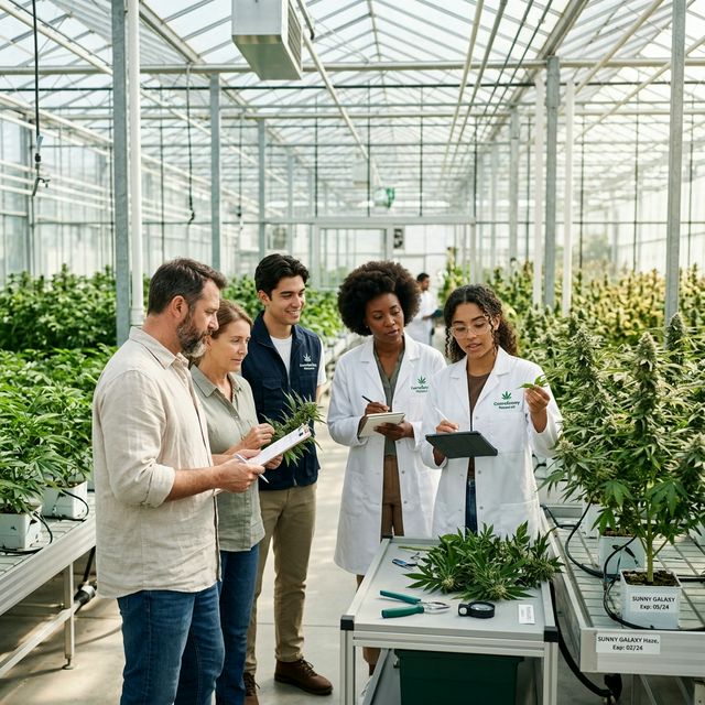 Community looking at cannabis plants in green house